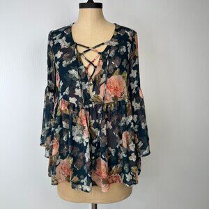 Show Me Your Mumu Blouse Women Medium Floral Flare 3/4 Sleeve V Neck Cruise Core